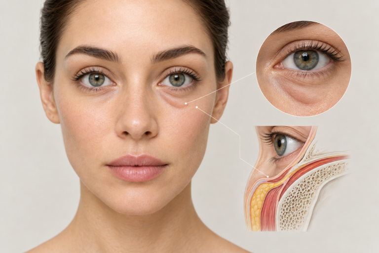 Illustration of the tear trough area under the eye showing the hollow groove