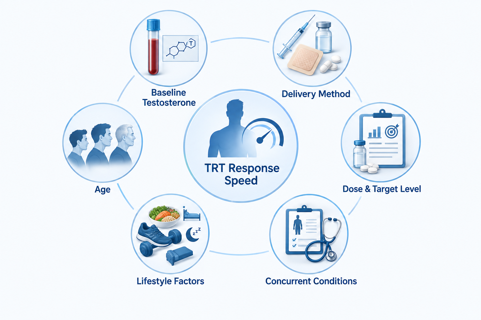 Illustration of six factors affecting how quickly TRT works including age, dose, and delivery method