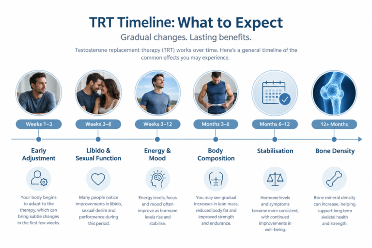 TRT timeline infographic showing when testosterone replacement therapy effects typically appear