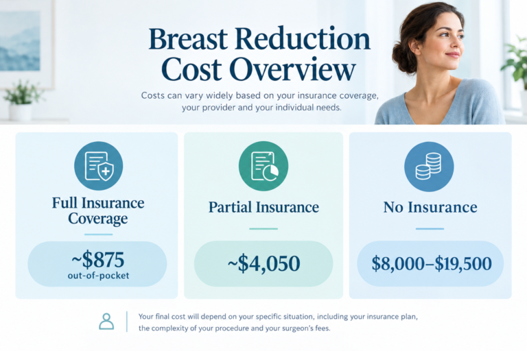 Breast reduction surgery cost overview infographic showing out-of-pocket costs with and without