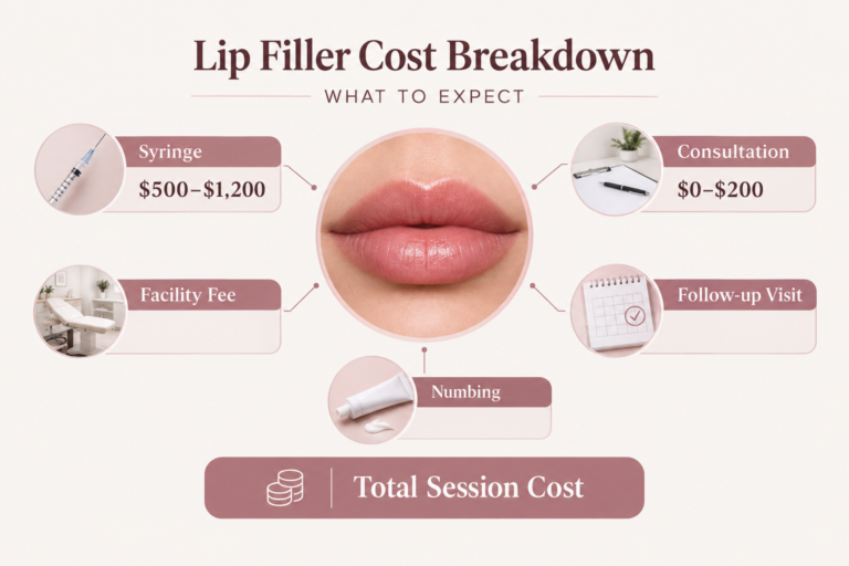 Lip filler cost breakdown infographic showing per-syringe price and additional fees