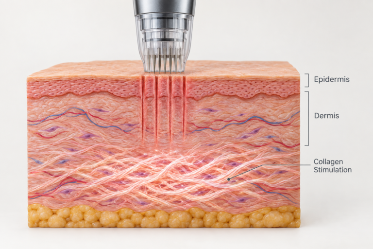 Microneedling device creating micro-channels in skin cross-section to stimulate collagen production