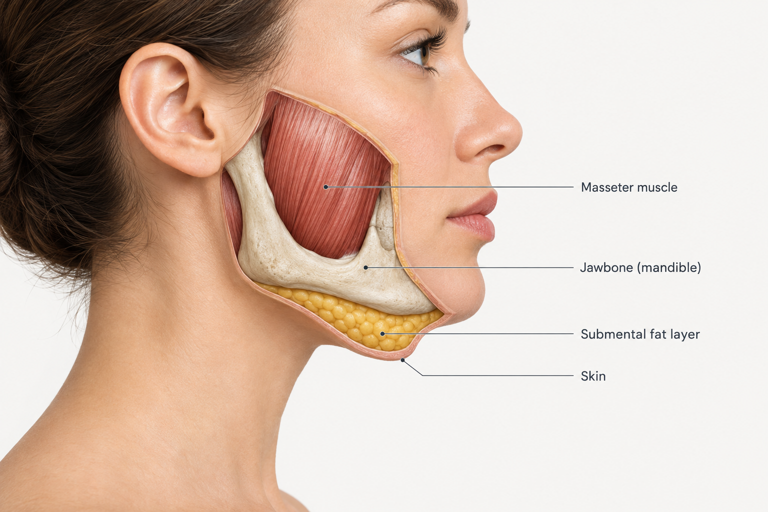 Illustration of jawline anatomy showing bone, muscle, fat and skin layers