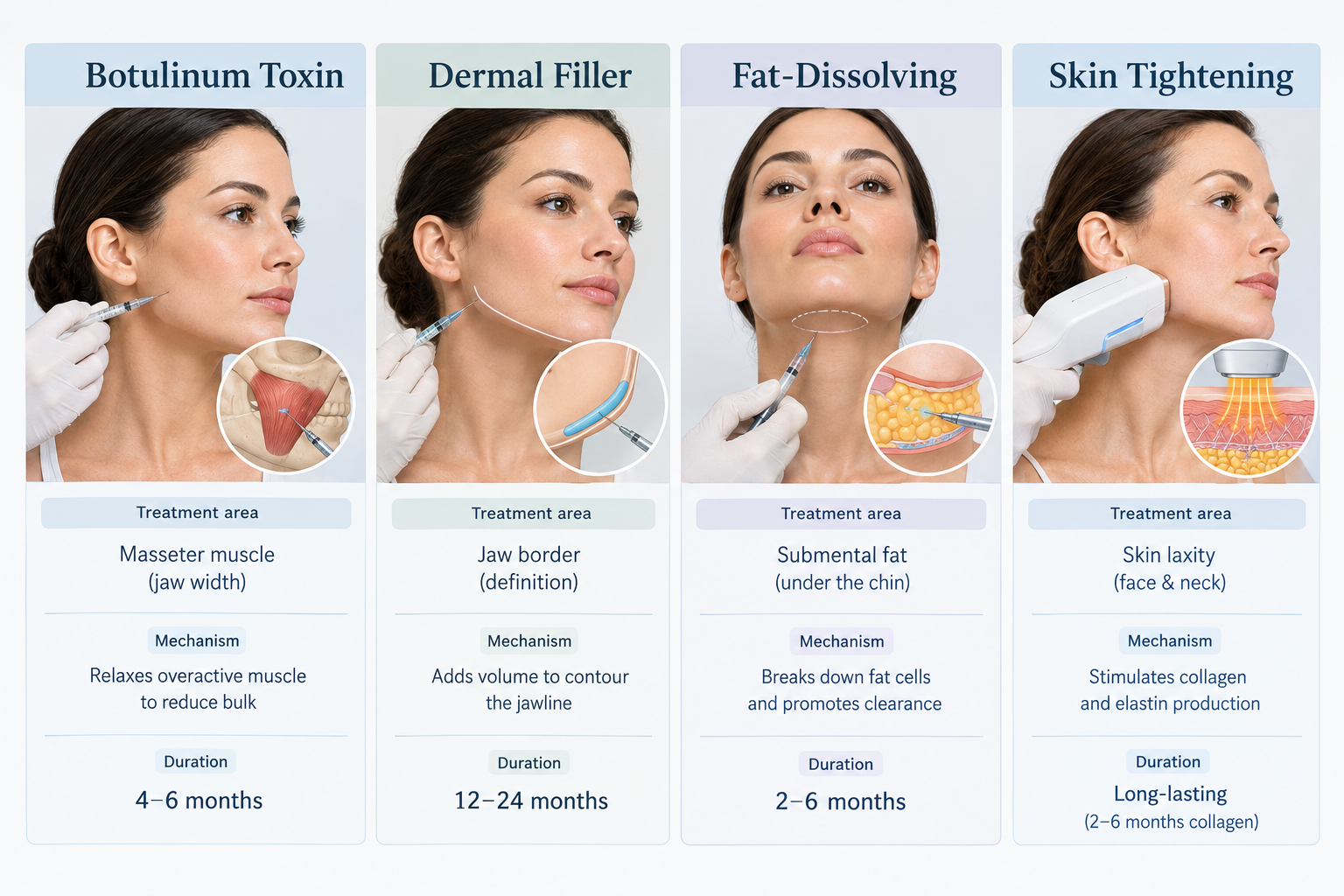 Infographic comparing four non-surgical jawline treatments and their mechanisms