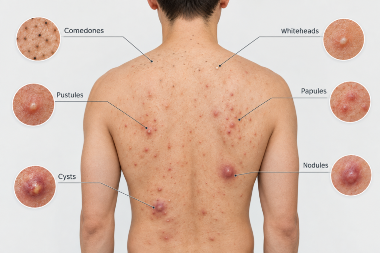 Illustration of back acne lesion types including blackheads, papules, pustules and cysts