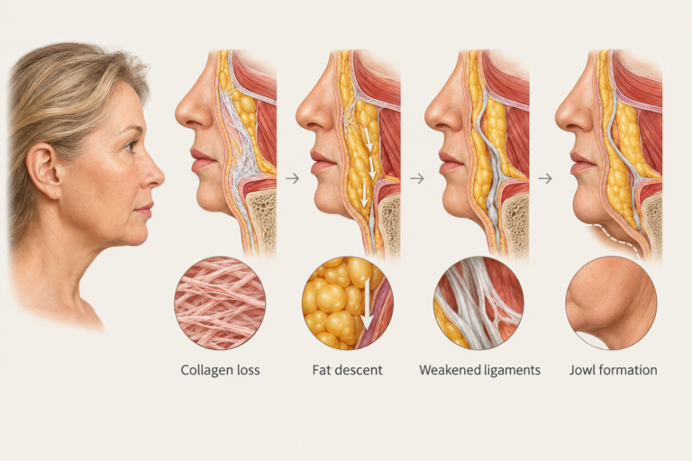 Illustration of aging lower face anatomy showing jowl formation from collagen loss and fat descent