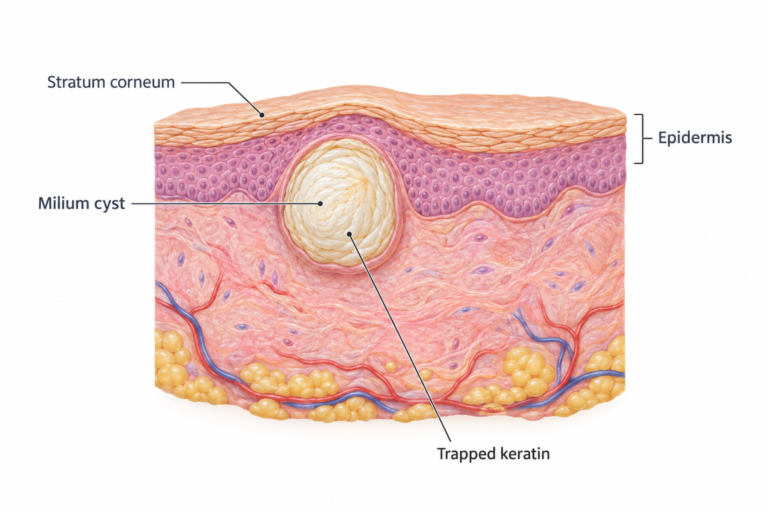 Cross-section illustration of a milium cyst beneath the skin surface showing trapped keratin