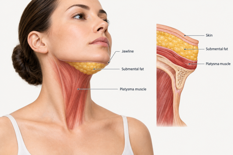 Anatomy illustration of neck and submental fat area showing platysma muscle and jawline