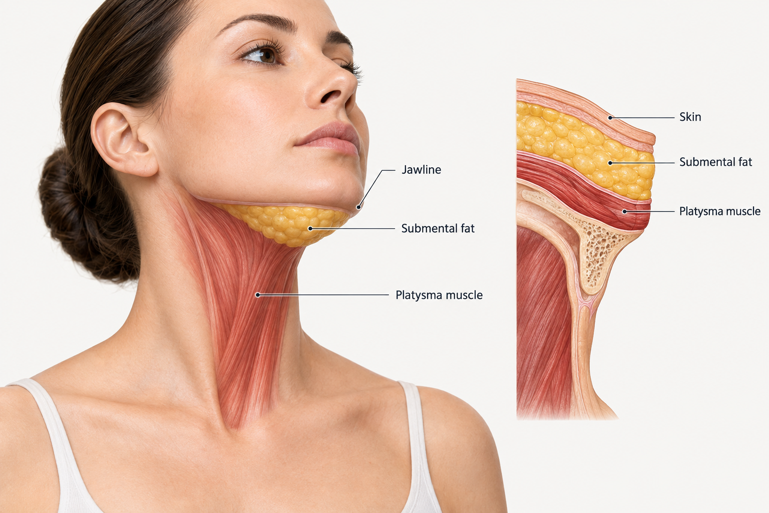 Anatomy illustration of neck and submental fat area showing platysma muscle and jawline