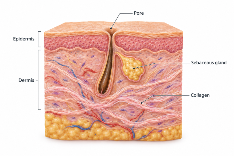 Illustrated cross-section of skin showing pore structure, sebaceous gland and collagen fibres