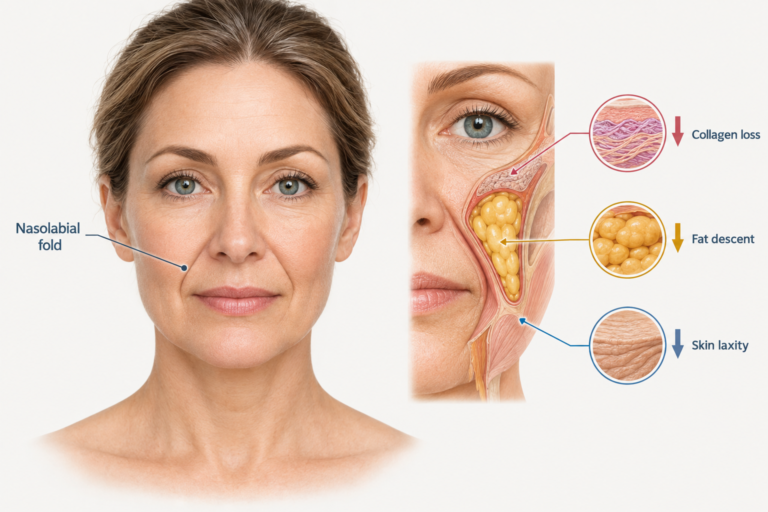 Anatomical illustration of nasolabial folds showing smile line formation on the face