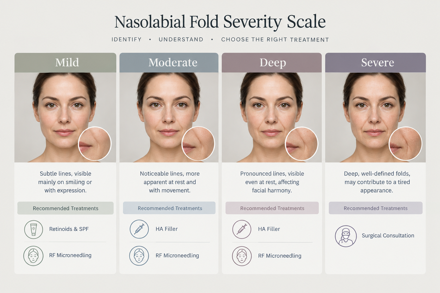 Infographic showing smile line severity levels from mild to severe with recommended treatments