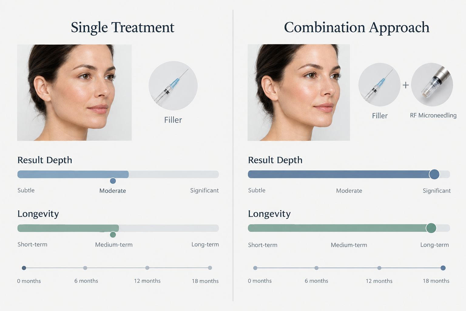 Comparison graphic showing single treatment versus combination treatment results for smile lines