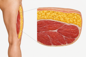 Illustration of subcutaneous thigh fat layer and muscle anatomy for patient education