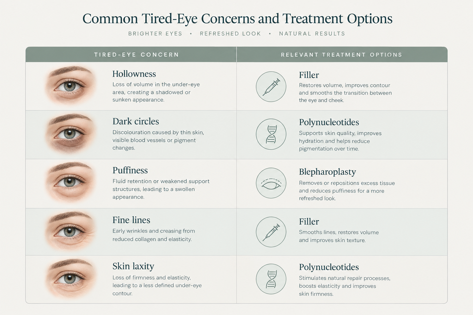Chart matching tired eye concerns such as hollowness and dark circles to appropriate treatment