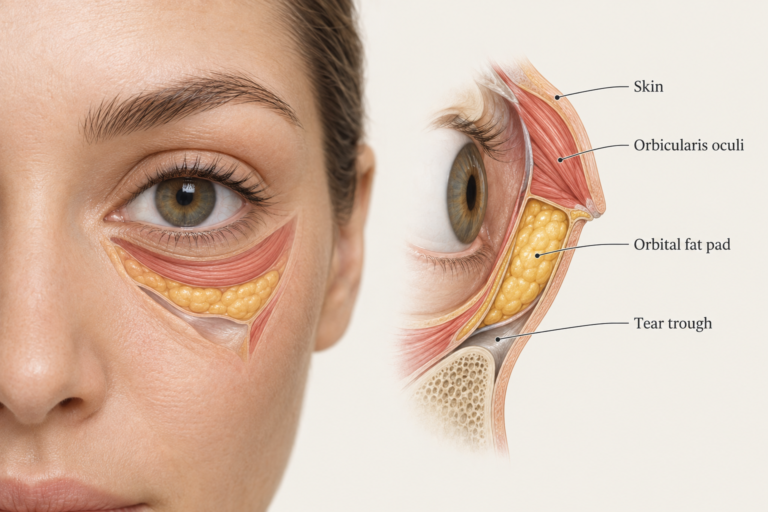 Illustrated cross-section of under-eye anatomy showing tear trough, fat pads and skin layers