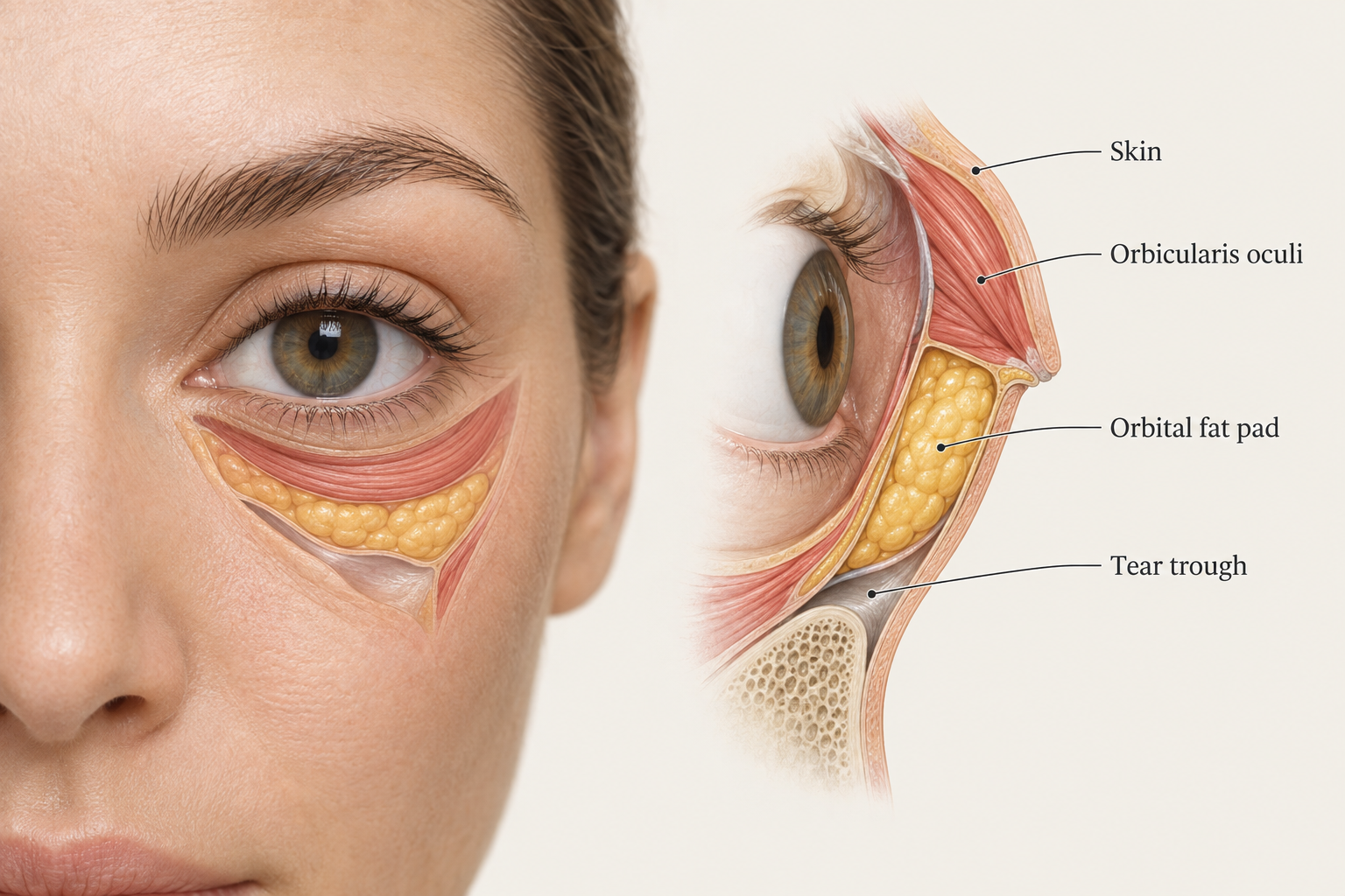 Illustrated cross-section of under-eye anatomy showing tear trough, fat pads and skin layers