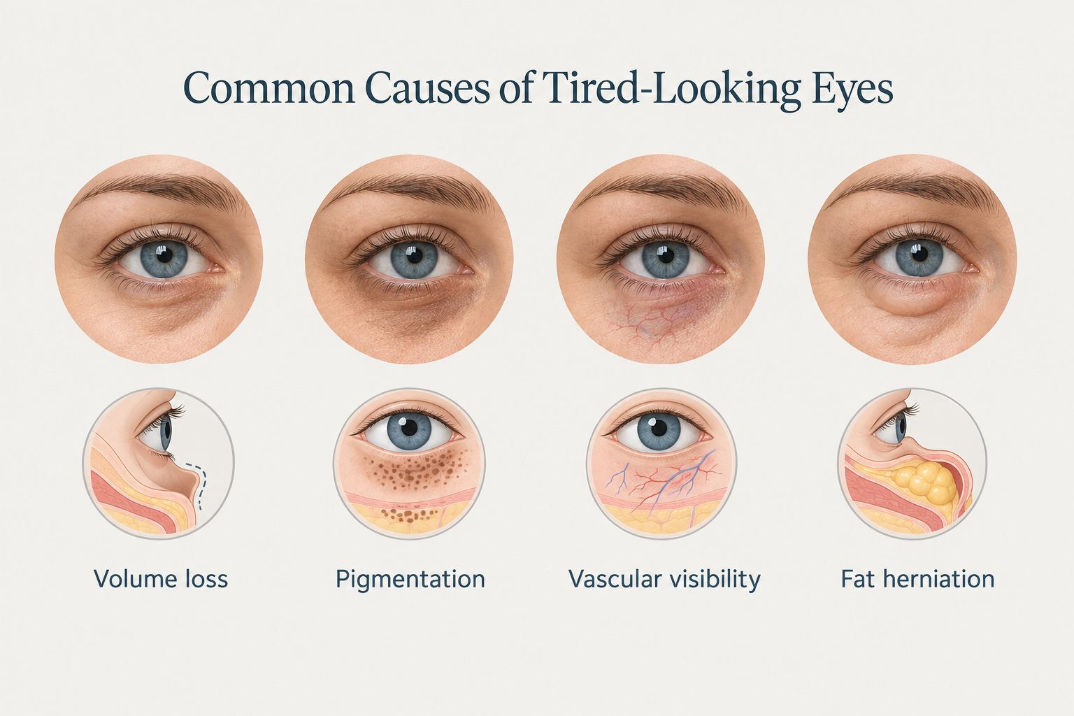 Infographic showing four causes of tired eyes: hollowness, pigmentation, vascular circles, fat
