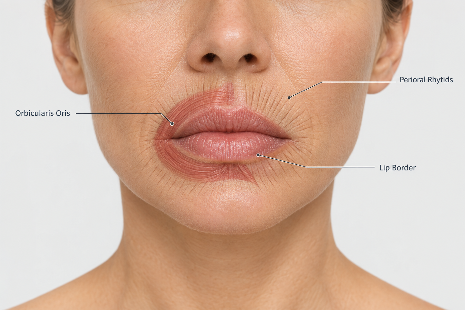 Illustration of vertical lip lines and perioral rhytids around the mouth area