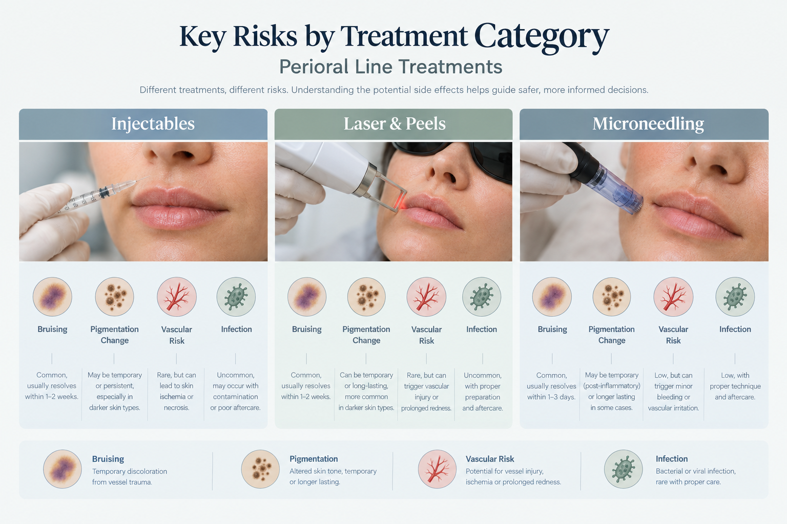 Infographic of risks and side effects for perioral line treatments by category