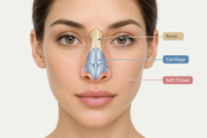 Illustration of nose anatomy showing bone, cartilage and soft tissue layers