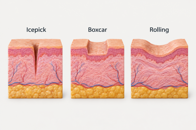 Illustration of icepick, boxcar, and rolling atrophic acne scar types in skin cross-section