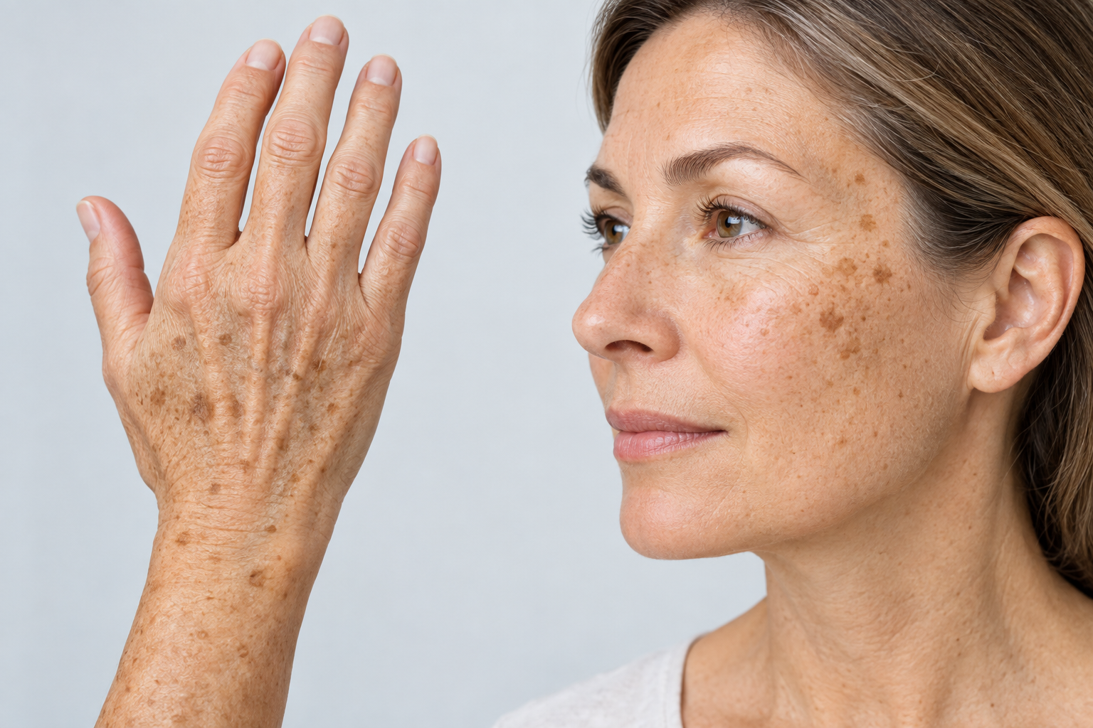 Close-up illustration of age spots on hand and face skin