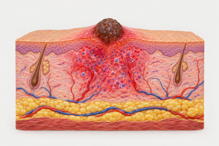 Medical illustration of an infected mole showing redness and swelling in surrounding skin tissue
