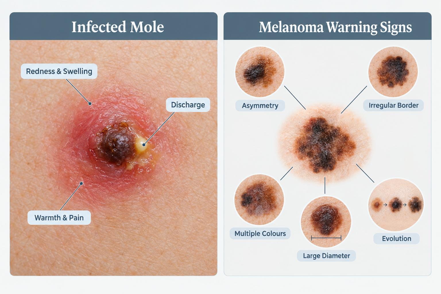 Infographic comparing infected mole symptoms versus melanoma ABCDE warning signs
