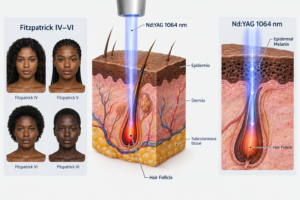 Nd:YAG laser targeting hair follicle in dark melanin-rich skin cross-section illustration