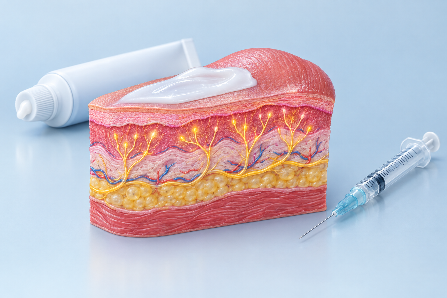 Illustration of lip numbing cream applied before lip filler injection showing nerve endings
