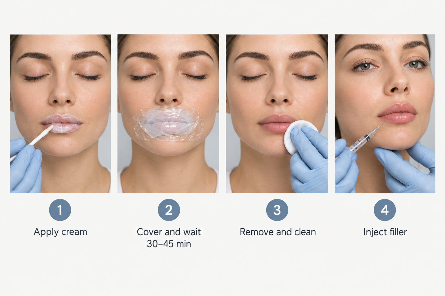 Four-step process showing how lip numbing cream is applied before dermal filler treatment