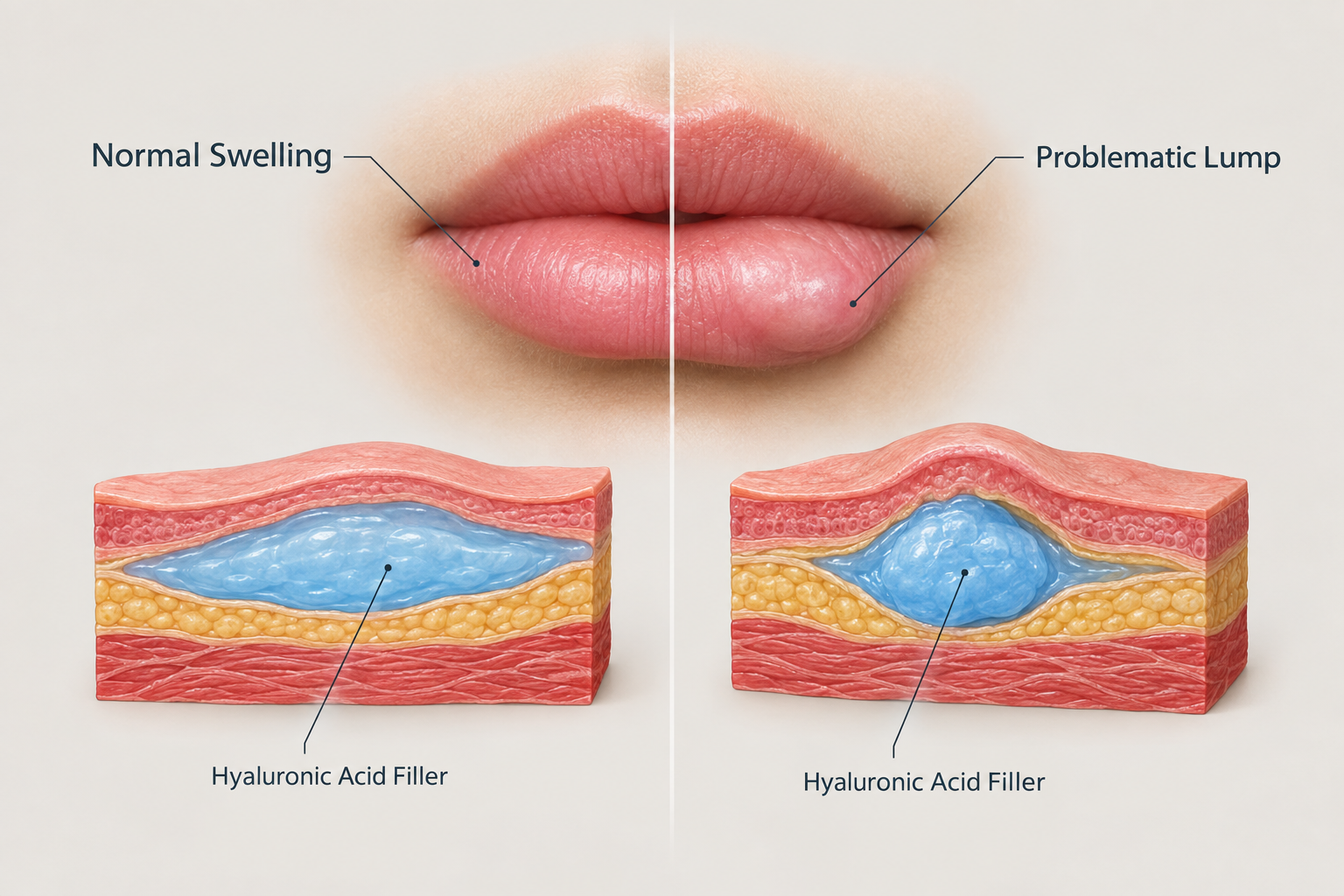 Illustration comparing normal lip filler swelling with a problematic lump after treatment