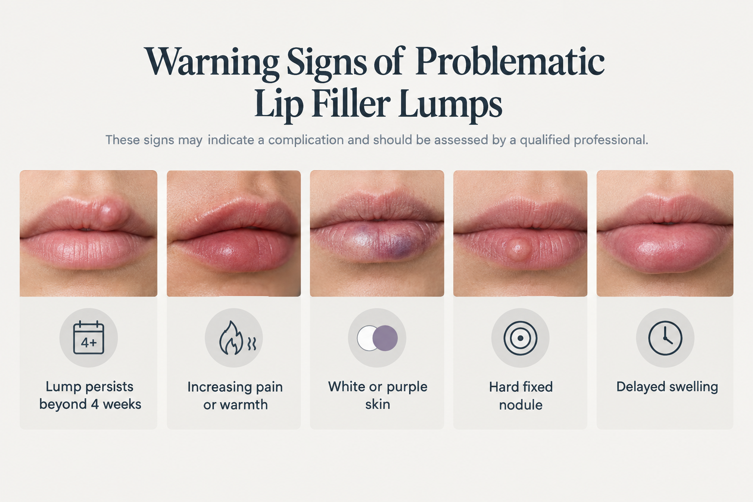 Infographic showing warning signs of problematic lumps after lip filler treatment