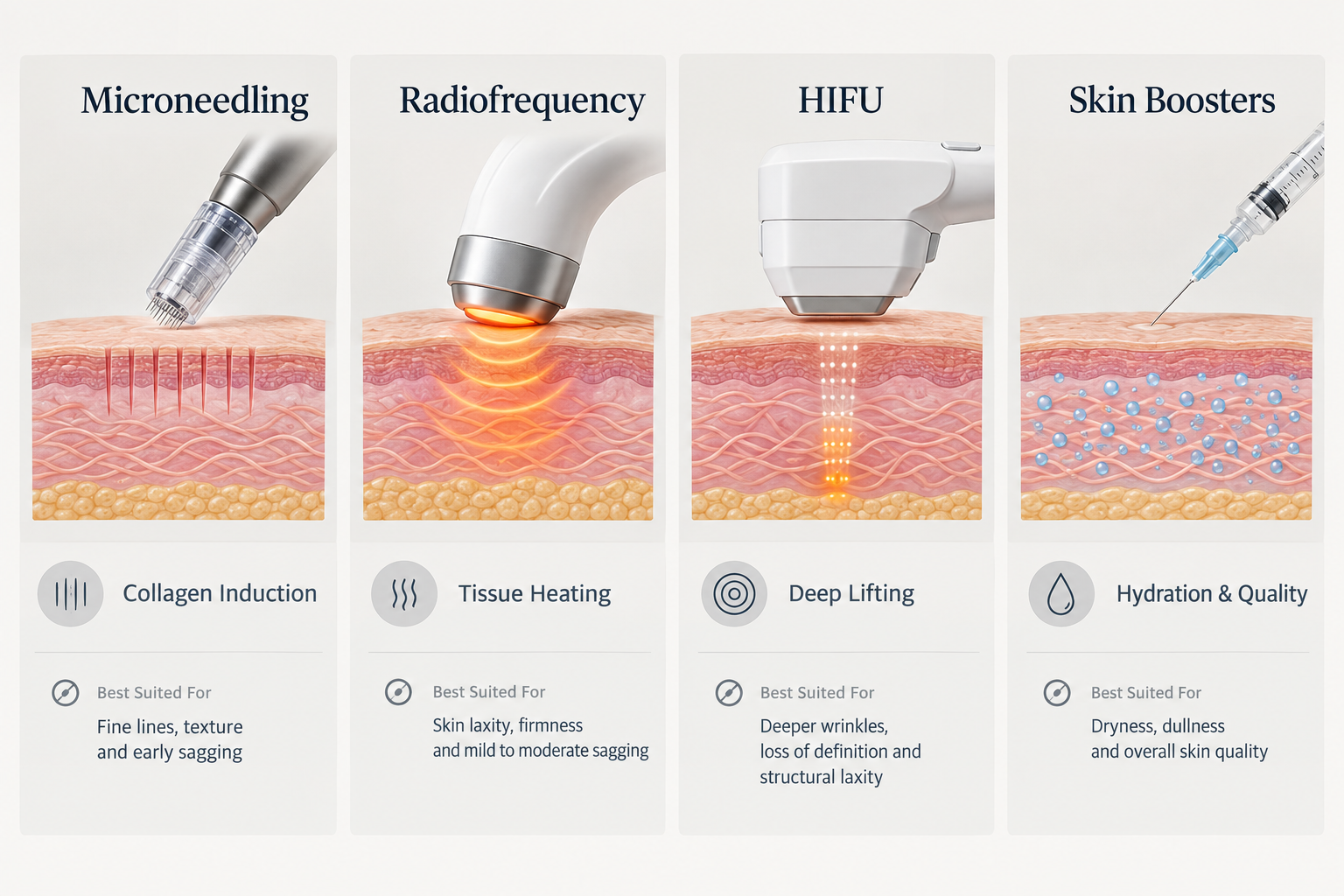 Comparison of non-surgical neck treatments: microneedling, radiofrequency, HIFU, and skin boosters