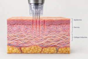Microneedling on the neck showing needle device creating micro-channels in neck skin dermis