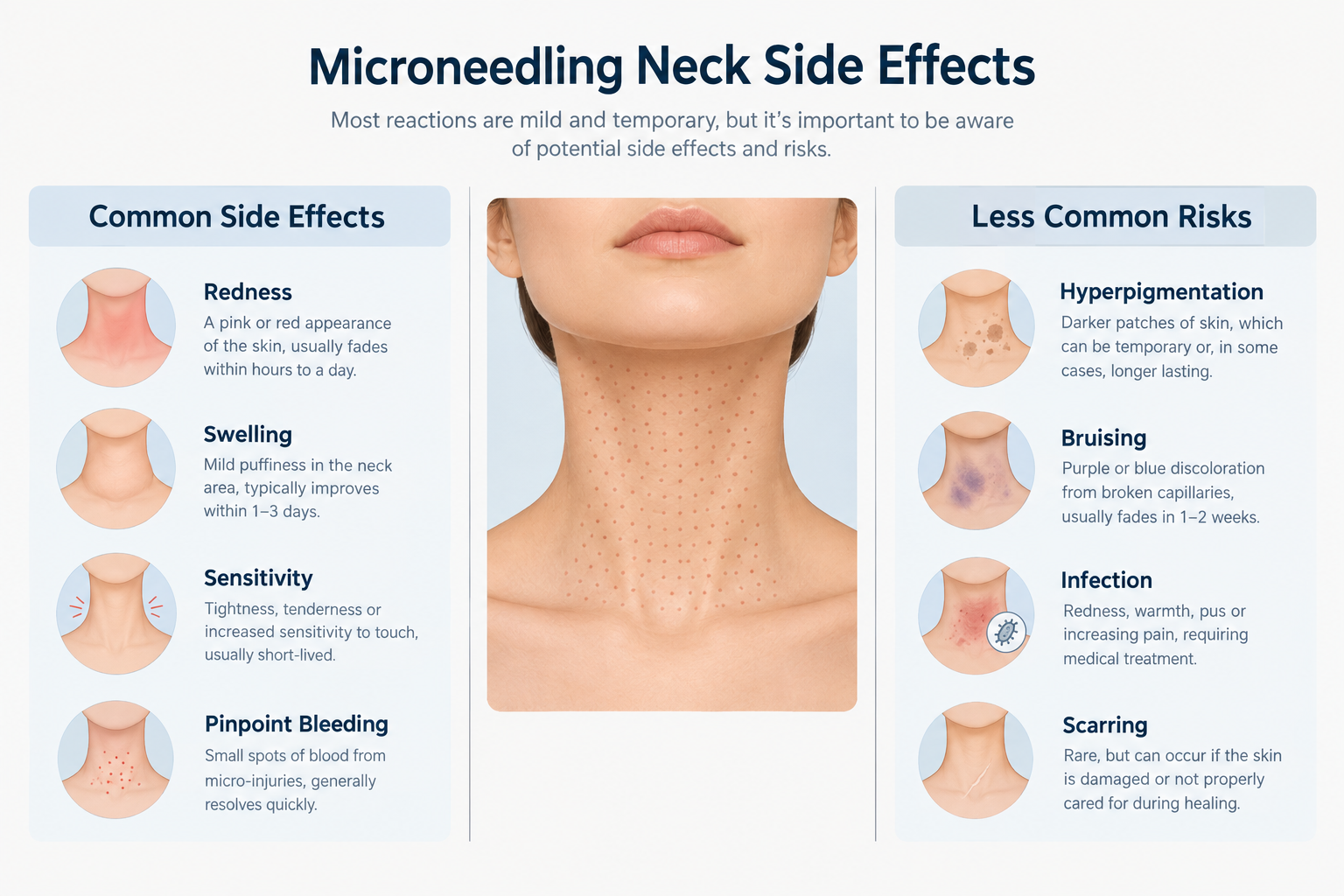 Infographic showing common and less common side effects of microneedling on the neck