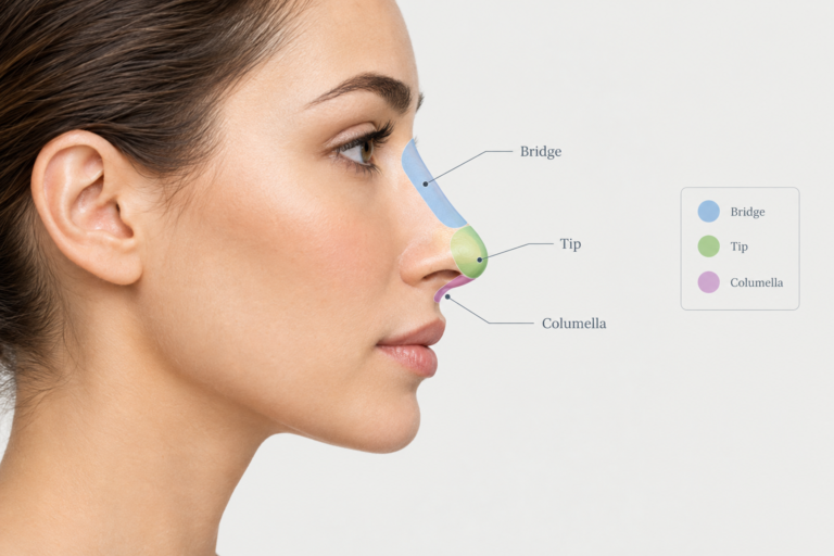 Medical illustration showing non-surgical rhinoplasty filler injection zones on a side-profile nose