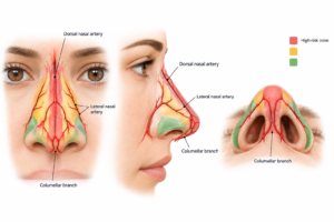 Illustration of nasal vascular anatomy showing high-risk zones for nose filler injection