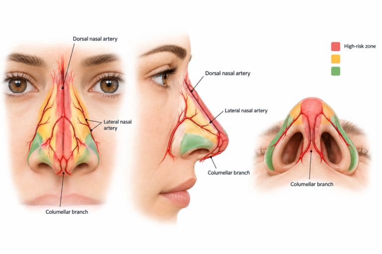 Illustration of nasal vascular anatomy showing high-risk zones for nose filler injection