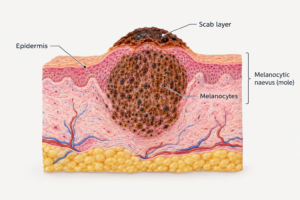 Medical illustration of a scabby mole showing skin cross-section with scab on a raised naevus