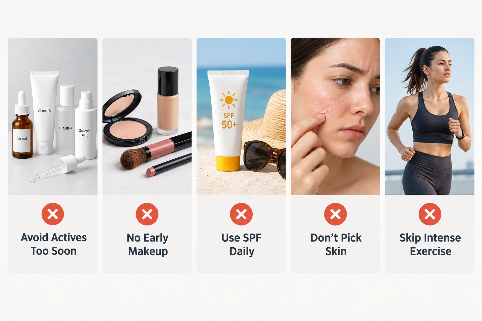 Fact cards showing five common aftercare mistakes after microneedling treatment