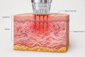Illustration of microneedling process showing needle micro-channels and skin healing response