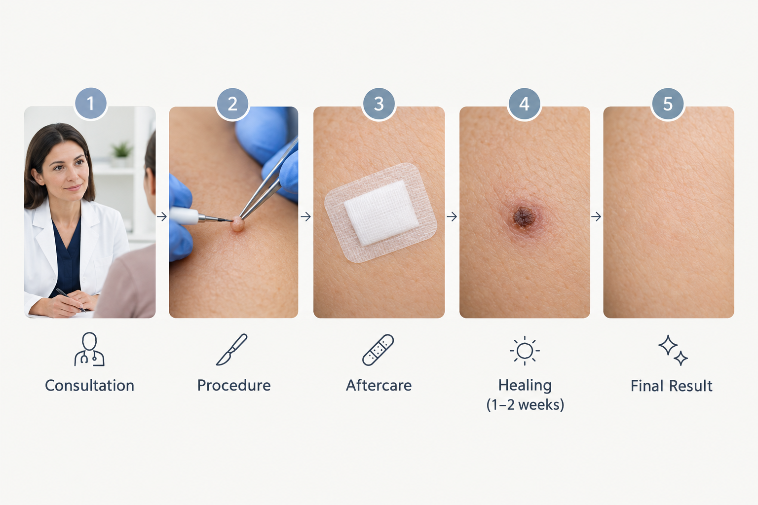 Timeline showing what to expect during and after nose skin tag removal