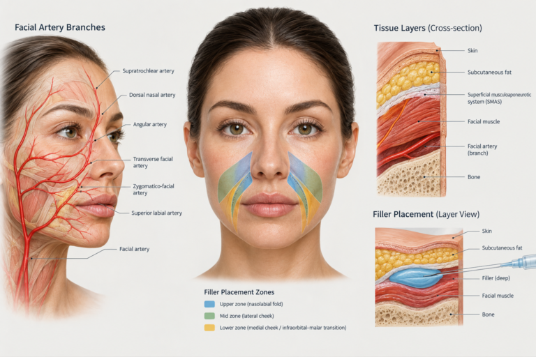 Anatomical illustration of nasolabial fold area showing facial artery and filler placement zones