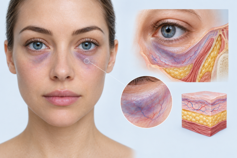 Illustration of tear trough area showing thin skin and blood vessels prone to bruising after filler