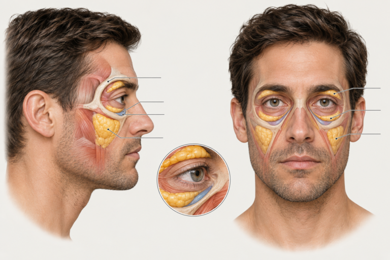Illustration of male facial anatomy highlighting the tear trough area beneath the eye