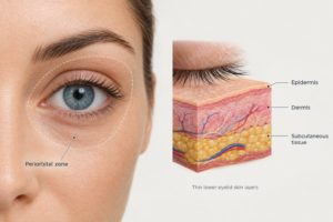 Illustration of periorbital skin anatomy showing thin layers around the eye relevant to laser