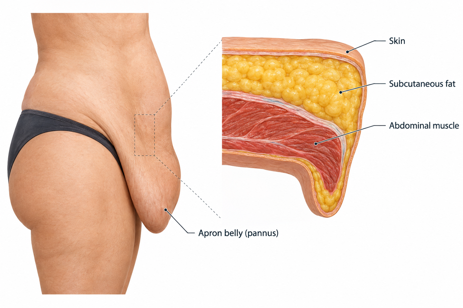 Medical illustration showing subcutaneous fat and loose skin forming an apron belly pannus