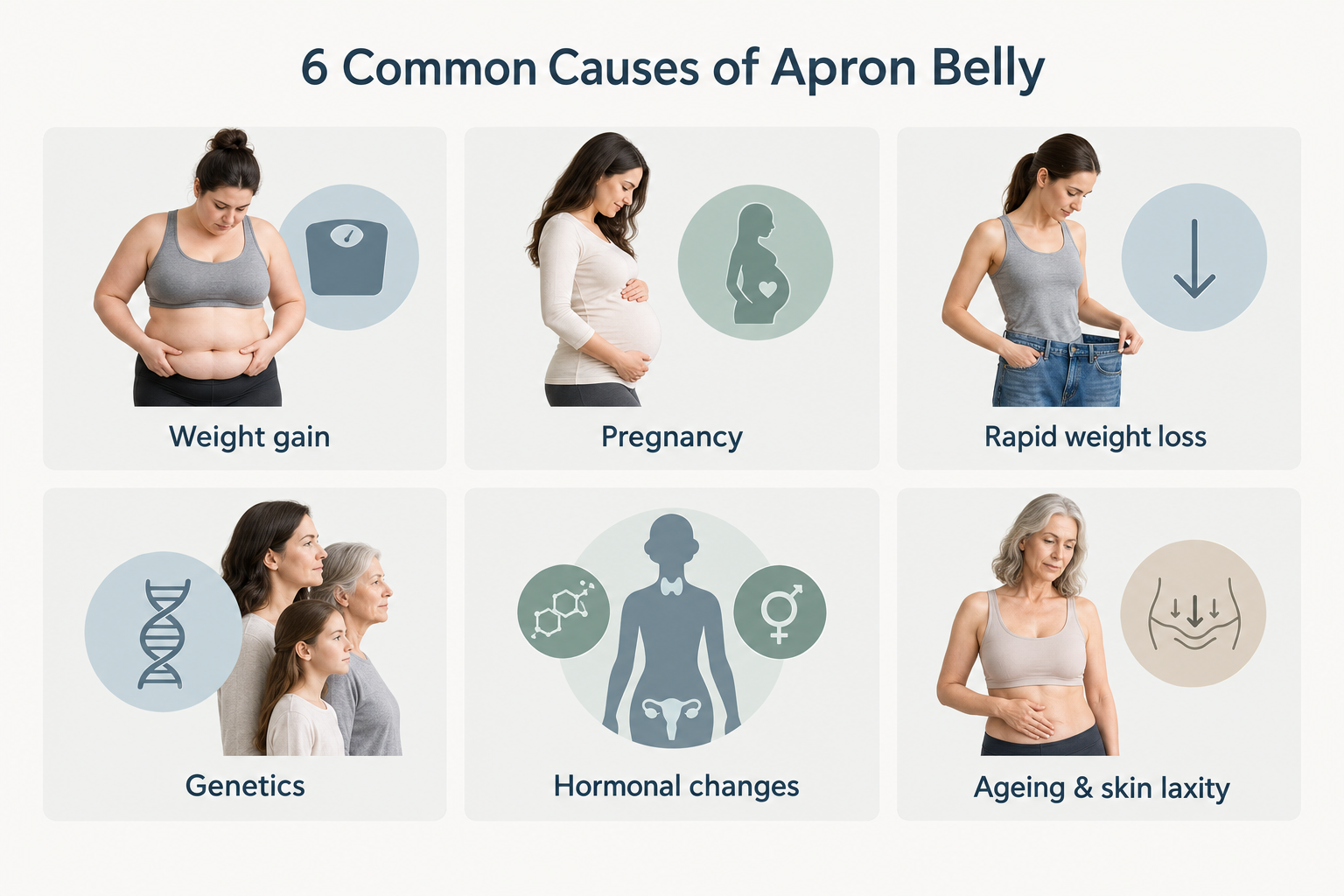 Infographic showing six main causes of apron belly including weight gain, pregnancy and ageing